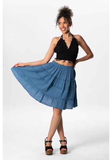 Benan Beli Lastikli Kısa Yazlık Müslin Etek İndigo İndg-indigo İndigo