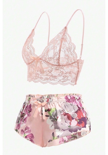 Merry See Dantel Büstiyerli Çiçekli Sütyen Şort Pijama Takımı Çok Renkli