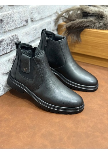 Hakiki Deri Büyük Numara Ortopedik Kürklü Erkek Bot Siyah