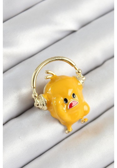 3d Kulaklıklı Sarı Civciv Figürlü Gold Renk Kadın Broş Çok Renkli