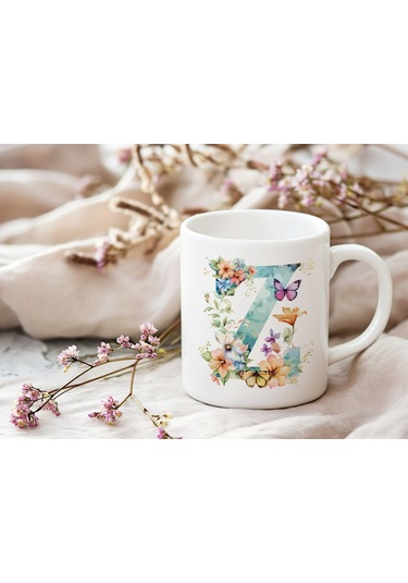 Z Harfi Çiçekli Kupa Bardak - Soft Renk Çiçek Ve Kelebek Desenli Zarif Kahve Kupası - Bohem Beyaz