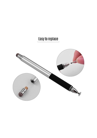 Vkemall Metal Kapasitif Kalemler Seti 2 Adet - Nano Konduktif Fiber Uç + Sünger Disk, Fırça Ucu, Kalem Klipsi, Siyah/gümüş Renk Seçeneği 2 Adet Değiştirme Ucu