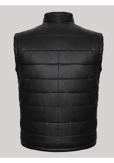 Hakiki Kuzu Derisi Siyah Şişme Fermuarlı Erkek Yelek Siyah