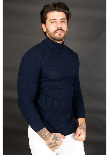 Deepsea Erkek Lacivert Balıkçı Yaka Örme Kazak 2100015 Lacivert