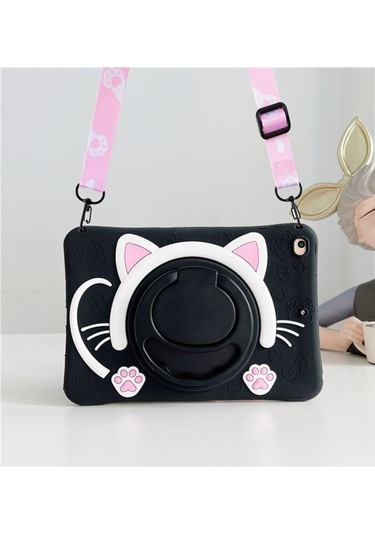 Apple Ipad 8. Ve 9. Nesil 10.2 Inç 2020 / 2021 Uyumlu Kedi Kılıf Standlı Eğlenceli Koruma Siyah