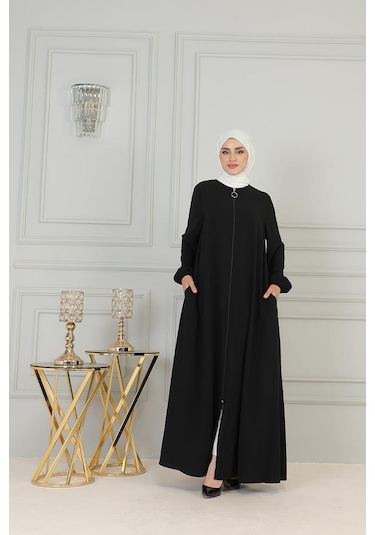 Boydan Fermuarlı Medine İpeği Ferace Brc2305 Siyah 001