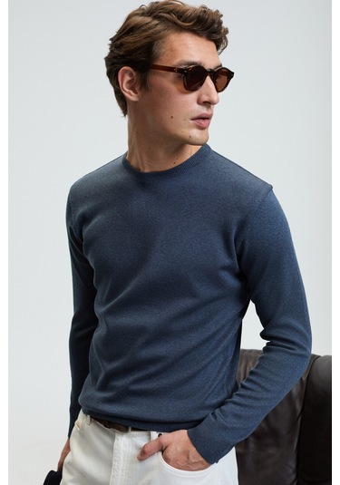 VAREX Erkek Yuvarlak Yaka Basic Slim Fit Triko Mavi Kazak