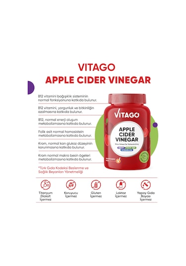 Vitago Apple Cider Vinegar Elma Sirkesi İle Tatlandırılmış Krom, B12 Vitamini Ve Folik Asit İçeren 60 Adet Çiğnenebilir Gummies Form Takviye Edici G