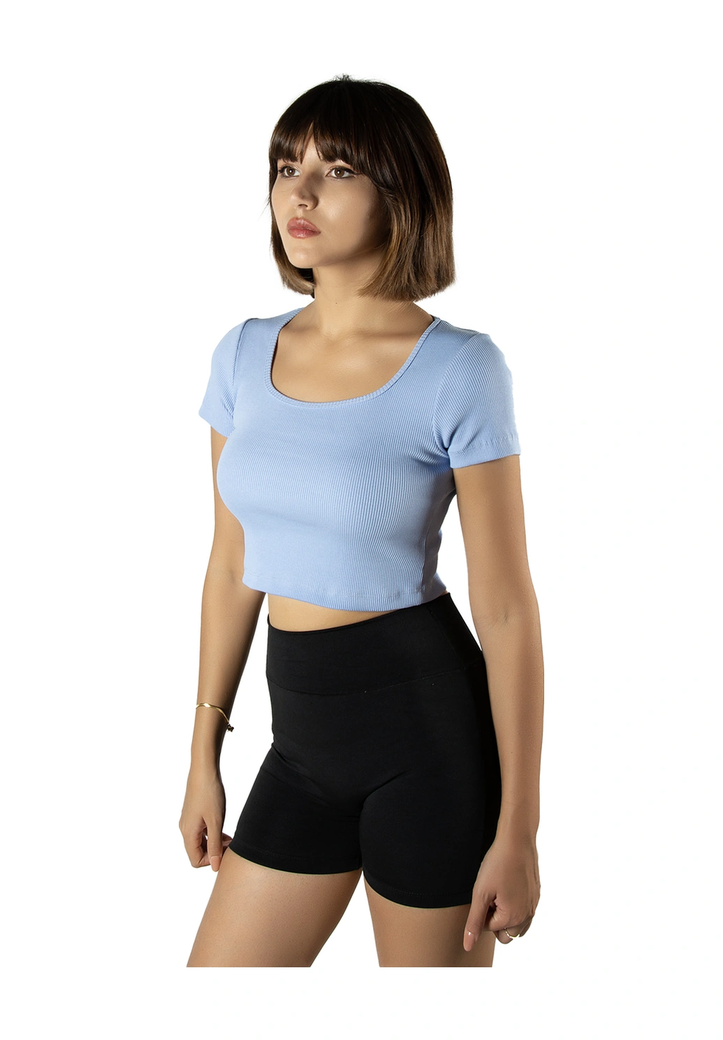 Mavi Havuz Yaka Fitted/vücuda Oturan Kısa Kol Crop Tişört Mavi