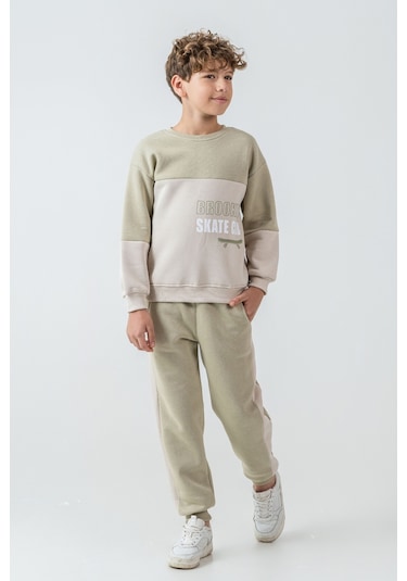 Erkek Çocuk Brooklyn Skat Clup Baskılı 3 İplik Kalın Kışlık Eşofman Takımı Ak4228 Yeşil