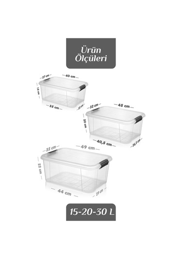 3'lü 15-20-30 L Çok Amaçlı Saklama Kabı Seti - Kilitli Kapak Banyo Mutfak Düzenleyici Saklama Kutusu Şeffaf