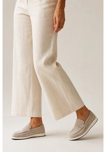 Sovenso Sunny Hakiki Deri Bej Süet Termo Taban Loafer