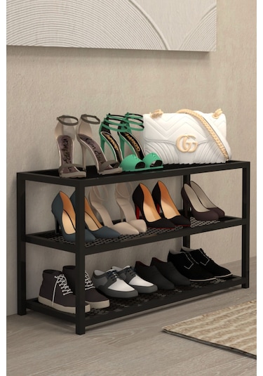 Aju Ayakkabılık Geniş Metal Modern Tasarım 3 Katlı Ayakkabı Rafı Dolabı Açık Vestiyer Siyah