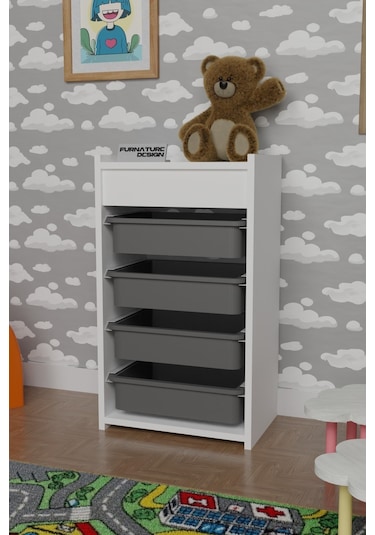 4 Sepetli Oyuncak Dolabı Çok Amaçlı Mutfak Dolabı Beyaz - Gri Beyaz