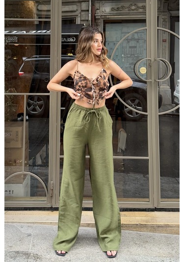 Pembe Keten Karışımlı Bol Kesim Pantolon Haki