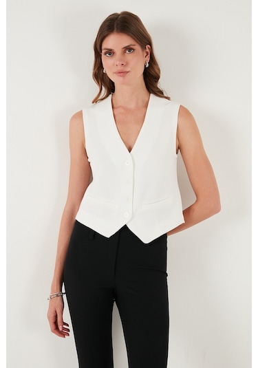 Lela Streç Fitted Fit V Yaka Düğmeli Bayan Yelek 5865971 Beyaz