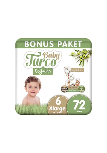 Baby Turco Doğadan Bebek Bezi 6 Numara Xlarge Bonus Paket 72 Adet
