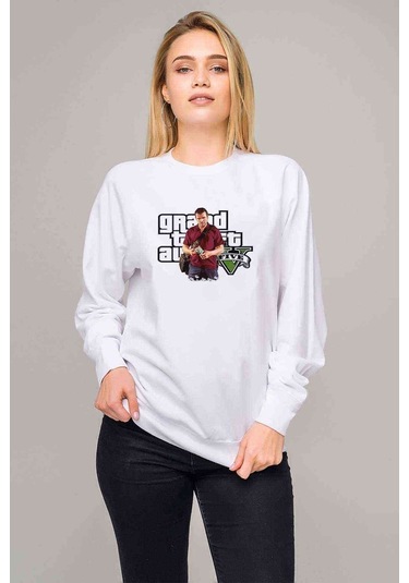Gta V Michael De Santa Baskılı Beyaz Kadın Sweatshirt