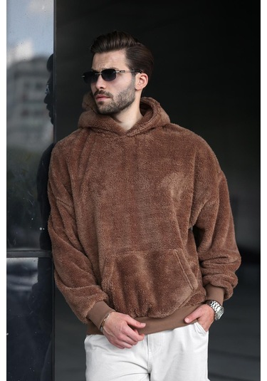 Kahverengi Peluş Kapüşonlu Erkek Sweatshirt 6050 Kahverengi