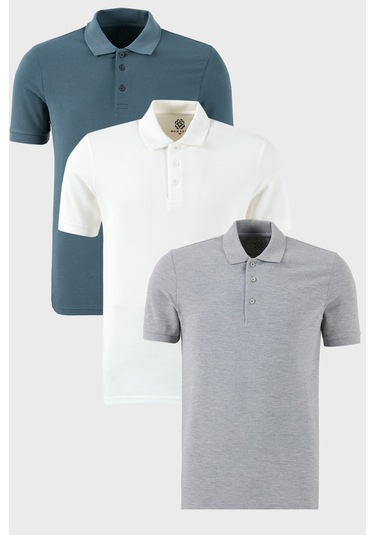 Buratti Pamuklu Regular Fit Düğmeli Polo Yaka 3'Lü Paket Erkek T Shirt 5902127S3 Petrol-Gri Melanj-Beyaz