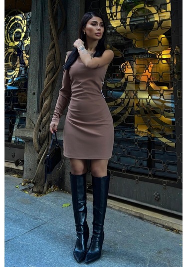 Kadın Vizon Taş Detaylı Dokuma Tek Kol Mini Elbise Vizon