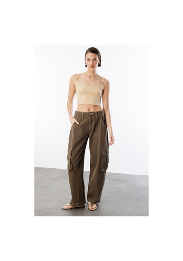 Genius Store Kadın Scuba Kumaş İp Askılı Crop Top Crop-atlet Bej