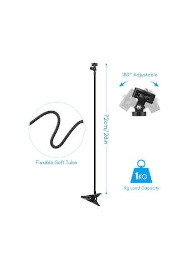 Mufunye Masa Üstü Klemli Esnek Boru Stant, 72cm Uzunluk, 1/4 Vida Bağlantısı, 1kg Yük Kapasitesi, Web Kamerası, Telefon, Küçük Led Işık İçin