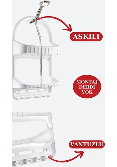 Flosoft 2 Raflı Şampuanlık, Asılabilir Vantuzlu Banyo Duş Şampuan Sabun Kozmetik Düzenleyici Beyaz