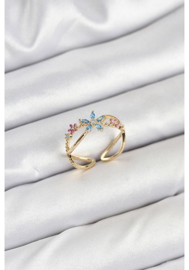 Pirinç Gold Renk Zirkon Taşlı Mavi Çiçekli Kadın Yüzük Renkli