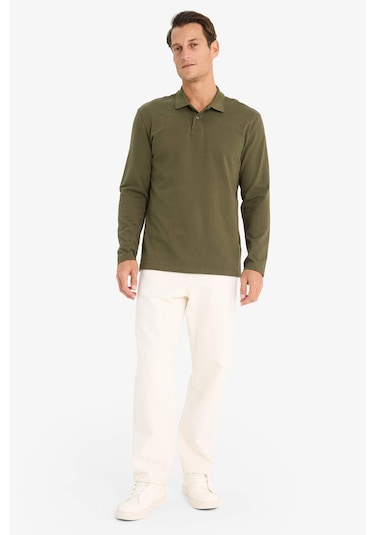 DeFacto %100 Pamuk New Regular Fit Polo Yaka Basic Düz Uzun Kollu Dokulu Pike Tişört D7530AX25SPKH438