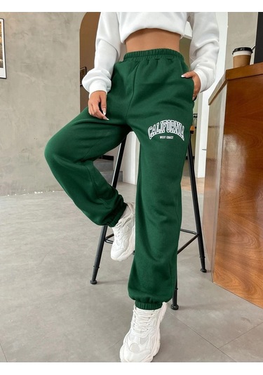 California West Coast Eşofman Altı Jogger - Yeşil Baskılı Lastik Paça Yüksel Bel Yeşil