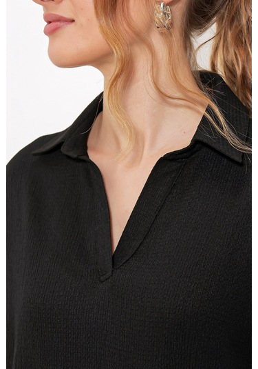 Bigdart Kadın Siyah Oversize Polo Yaka Örme Bluz 0486 001