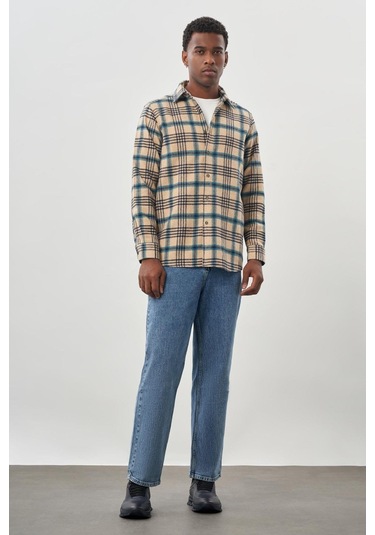 Koyu Bej Yünlü Ekose Desen Yumuşak Yaka Cepsiz Uzun Kol Casual Comfort Fit Gömlek 1004245227 Koyu Bej