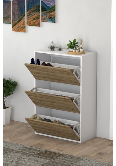 3 Kapaklı Kayar Raflı Ayakkabılık Çam Çam