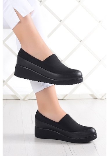 Erkan Saçmacı Rebecca Siyah Hakiki Deri Ön Yüz Streç Dolgu Topuklu Günlük Ayakkabı