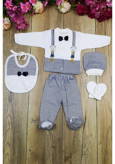 Papyonlu Ayıcıklı 5 Parça Lüks Erkek Askı Detaylı Hastane Çıkışı Zıbın Set