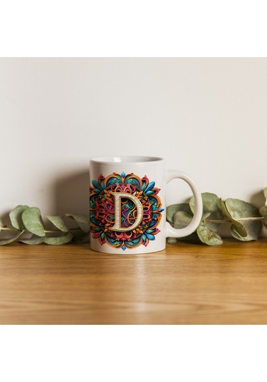 D Harfi Boho Bardak, Renkli Özel Tasarım Hediyelik Harfli Kupa, 330ml Porselen Beyaz