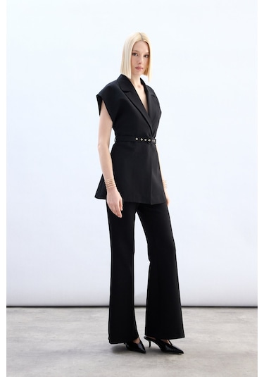 Sateen Kemerli Uzun Yelek - Siyah-136850 Siyah