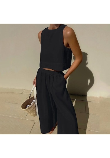 Rahat Yaz Iki Parçalı Set Kolsuz Kıyafetler O Boyun Üstleri Ve Gevşek Geniş Bacak Pantolon Seti Kadın Katı 2 Parça Takım Elbise Giysileri 27723 Siyah