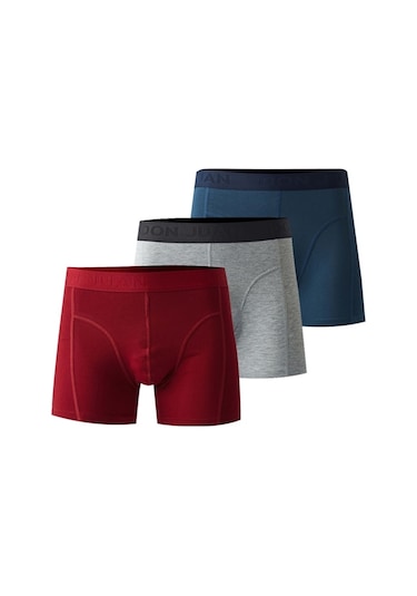 Josejuan 3'Lü Erkek Boxer Koton Likralı Bel Yazılı Lastik 1003-Gri Melanj - Bordo - Indigo