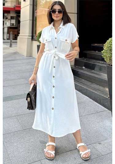 Beyaz Kısa Kol, Gömlek Yaka, Düz Desen, Çift Cepli, Aerobin Kumaş, Kuşaklı Maxi Elbise Beyaz