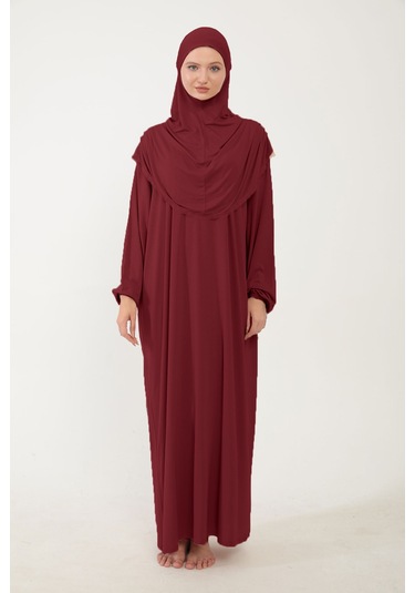 Kadın Tesettür Pamuklu Başörtülü Namaz Elbisesi Dantelli Tek Parça Penye Kumaş Bordo