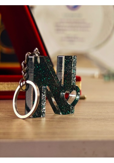 Harfli Anahtarlık Epoksi Kişiye Özel Yapım El Yapımı Harf Anahtarlık Kalp Model Özel Tasarım Hediyelik Ürün Kalp Desenli Simli Anahtarlık Altın - Siyah