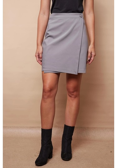 Kadın Yüksek Bel Kruvaze Model Hafif Likralı Şık Kumaş Ofis Kalem Etek-gri Gri