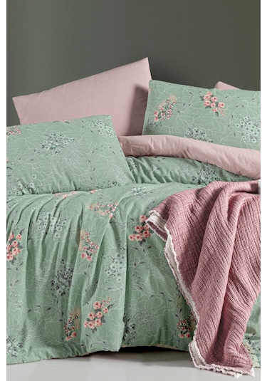 Lastikli Çarşaflı Tek Kişilik Nevresim Takımı Green Yeşil Somon