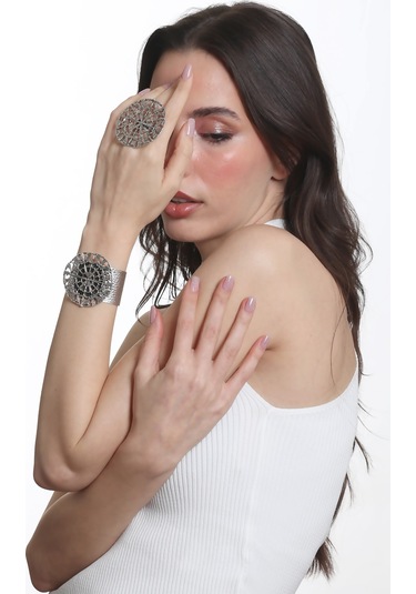 Labalaba Kadın Antik Gümüş Kaplama Ayarlanabilir Geniş Band Örümcek Ağı Figürlü Bileklik & Yüzük Set Gümüş