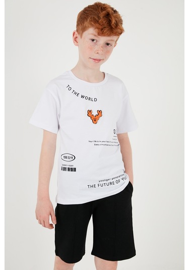 Lela Pamuklu Baskılı Bisiklet Yaka Kısa Kollu Şortlu Erkek Çocuk Takım 6212010 Beyaz