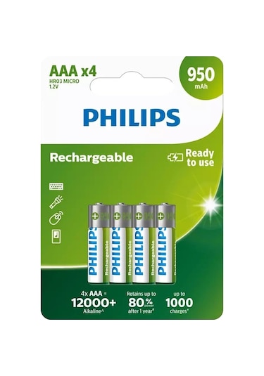 Philips R03B4A95/10 950 mAh AAA Şarj Edilebilir İnce Kalem Pil 4'lü