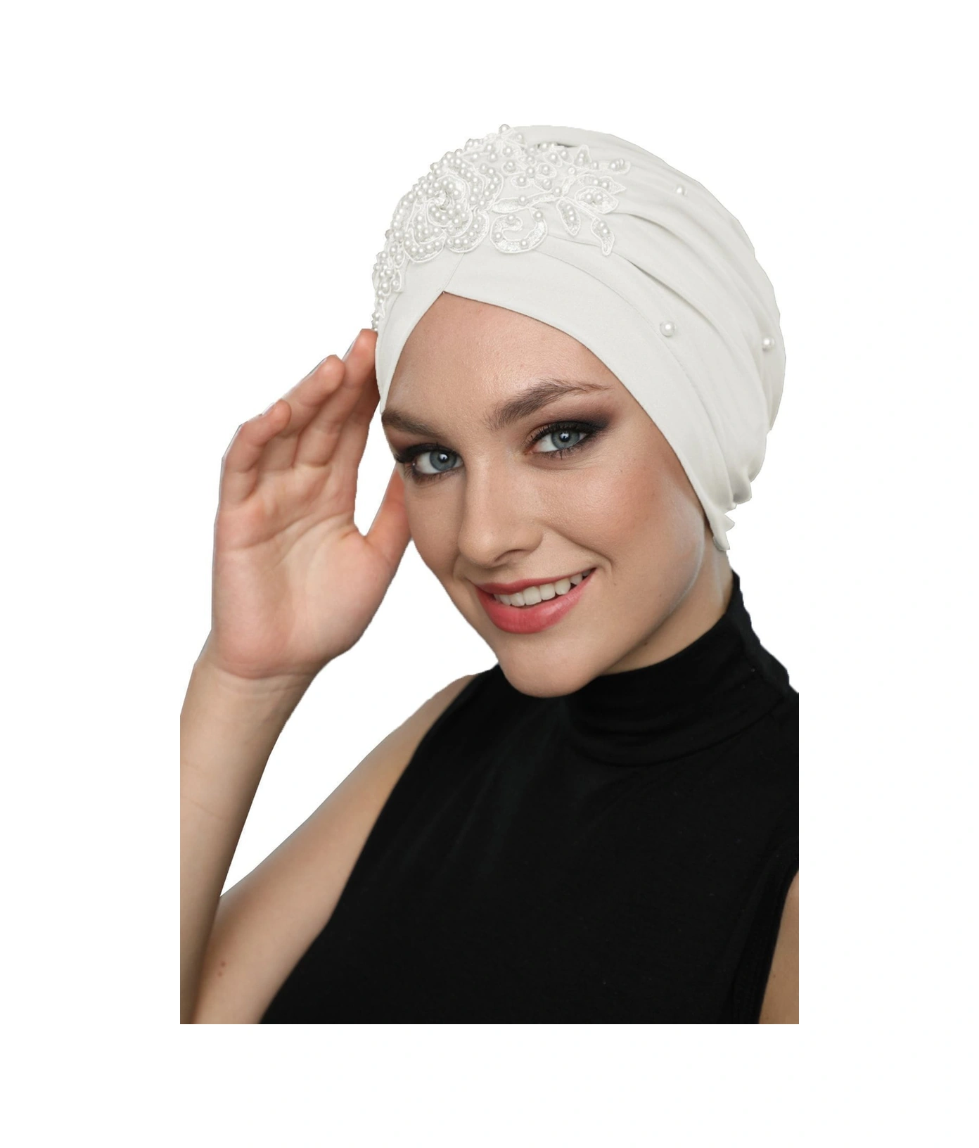 Kopma Astarlı Işlemeli Krem Gül Motifli Hazır Türban Tesettür Abiye Bone Krem Gül