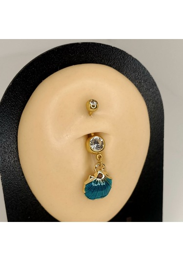 Aya Tasarım Gold Renk Turkuaz İstiridye Figürlü Göbek Piercing Altın